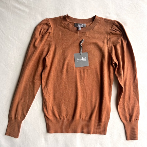 Marled Sweaters - Marled Burnt Orange Crewneck Sweater with Puff Shoulders
